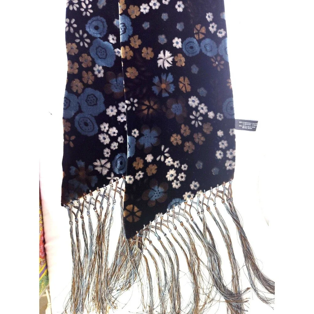 NORDSTROM Black Velvet Burnout Floral Viscose &Silk Scarf Made in Italy 69”x10”